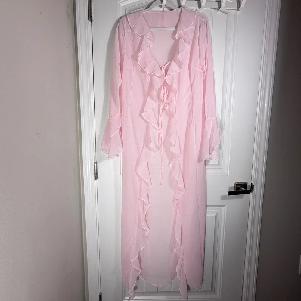 Sheer Pink Ruffle Maxi Robe Long Bell Sleeve Chiffon Cover Up Tie Front 60